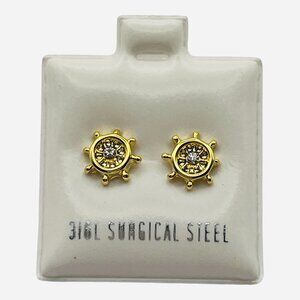 14K Gold Plated 316L Surgical Steel Ship Wheel Stud Earrings Hypoallergenic